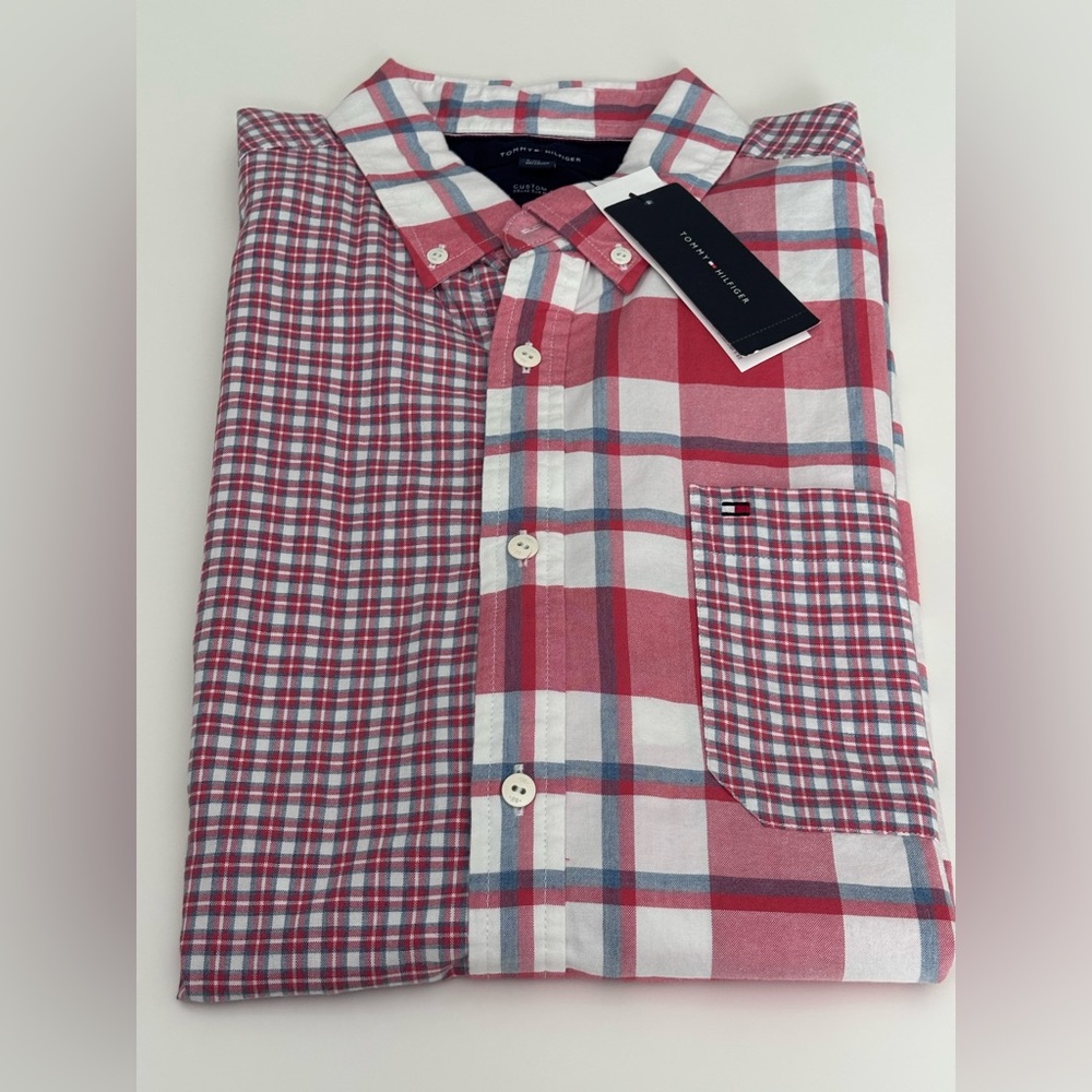 Tommy Hilfiger Dark pink/light red, white and Blue checkered Men's Shirt. NWT